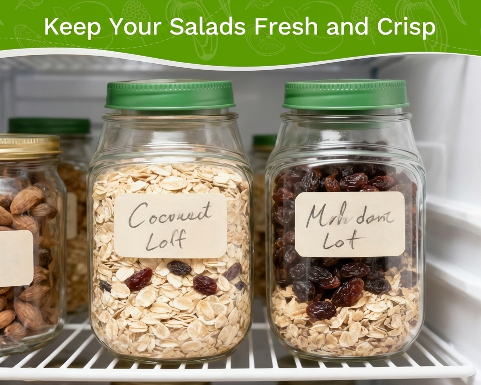Jars of dried fruits and grains with labels on a refrigerator shelf, promoting freshness and crispness.