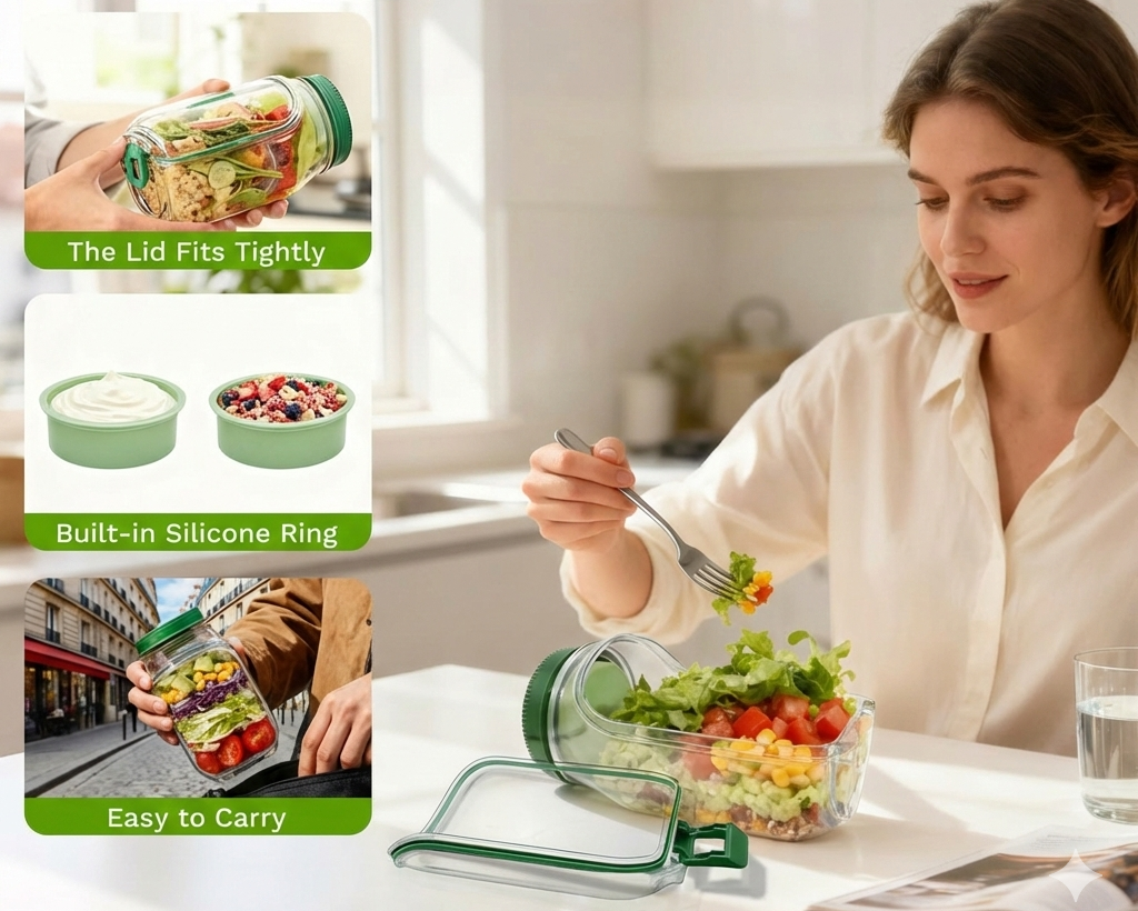 Woman eating salad at a table with a green container labeled 'Leakproof and Airtight' on a kitchen background.