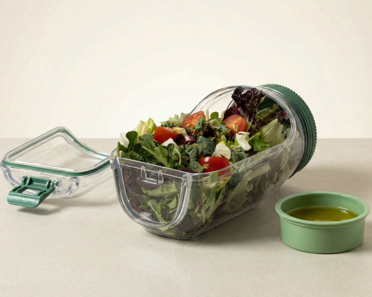Glass salad container with a salad and a small bowl of dressing on a light background